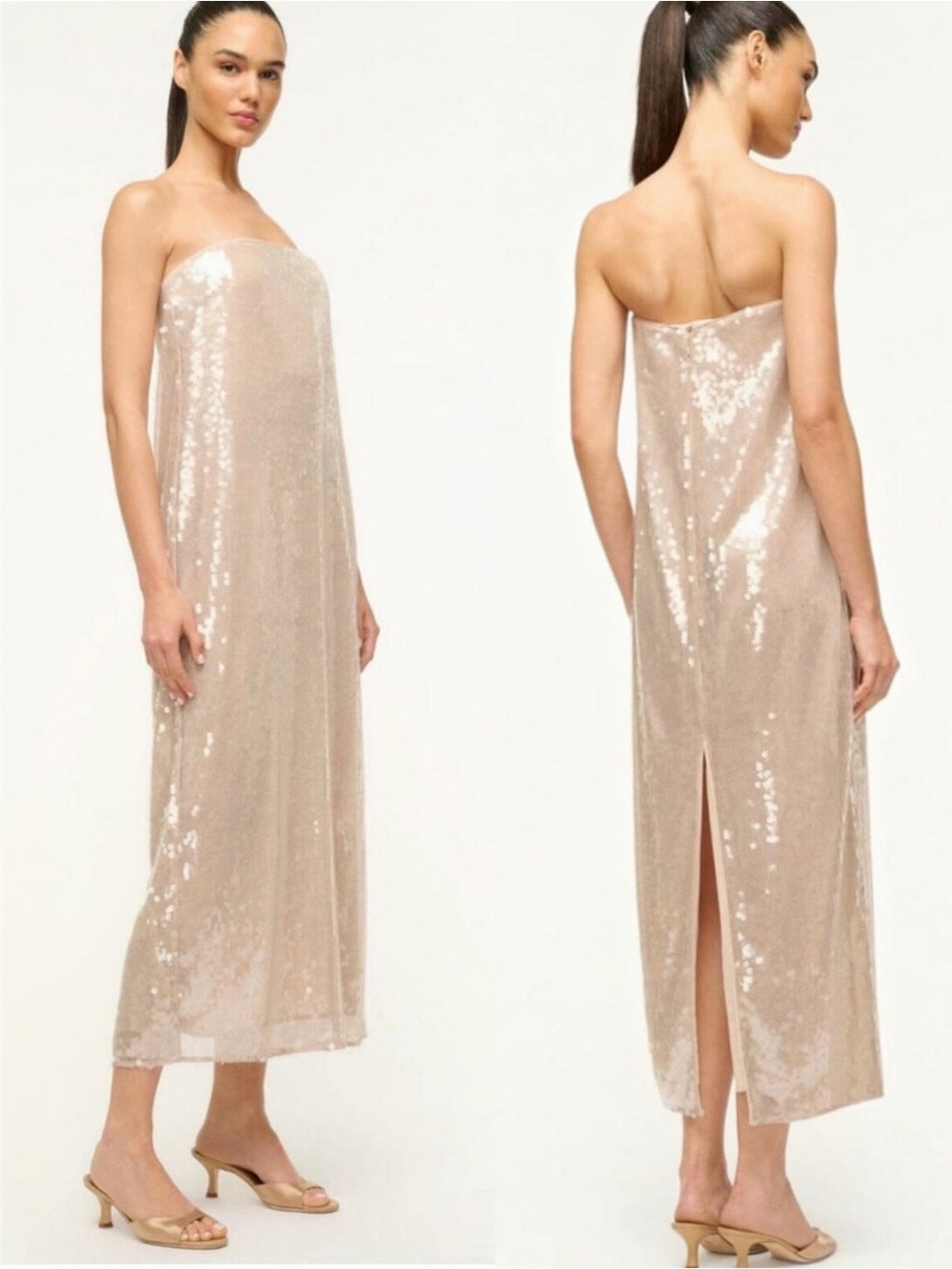 STAUD Casey Women’s Ivory Strapless Sequined Maxi Dress Evening Gown Size 6 NEW - Picture 2 of 16